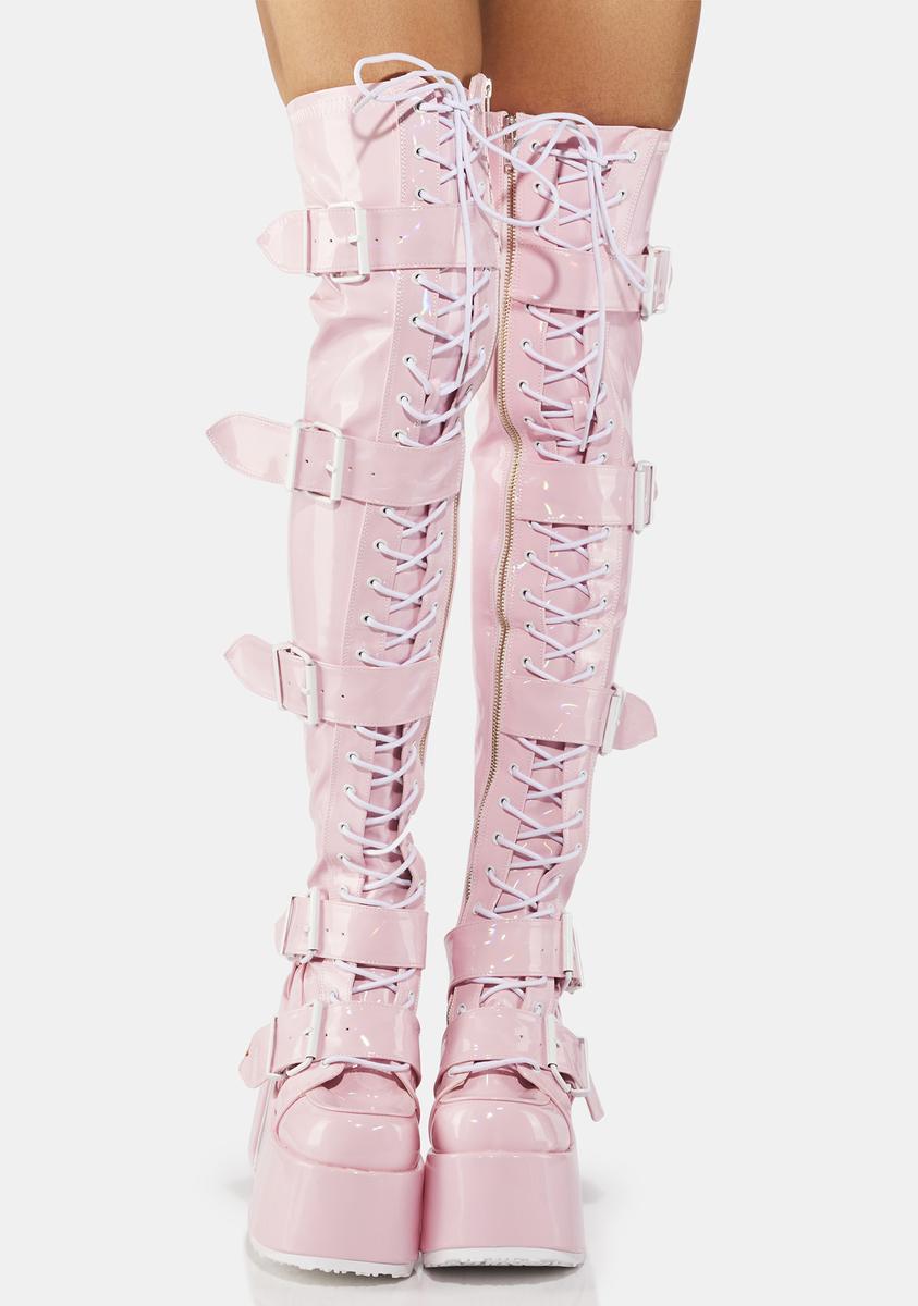 Demonia Camel-305 Thigh High Boots - Baby Pink Holographic – Dolls Kill