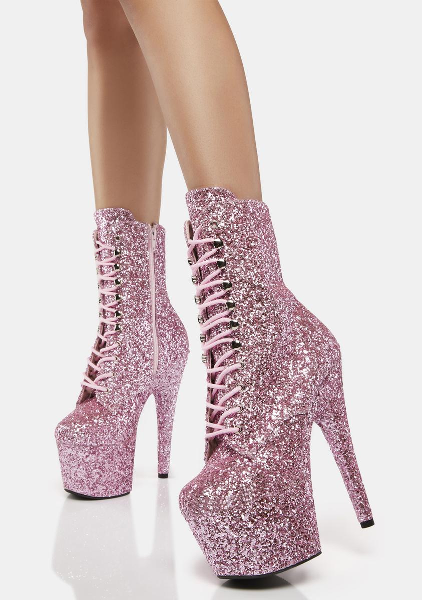 Pleaser Glitter Lace Up Platform Stiletto Boots - Pink