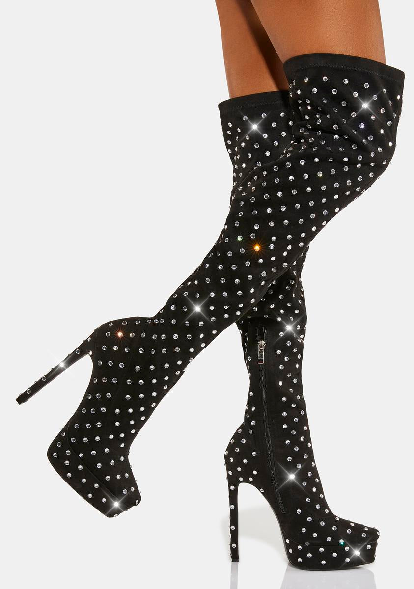 Simmi Rhinestone Thigh High Platform Heeled Boots Black Dolls Kill