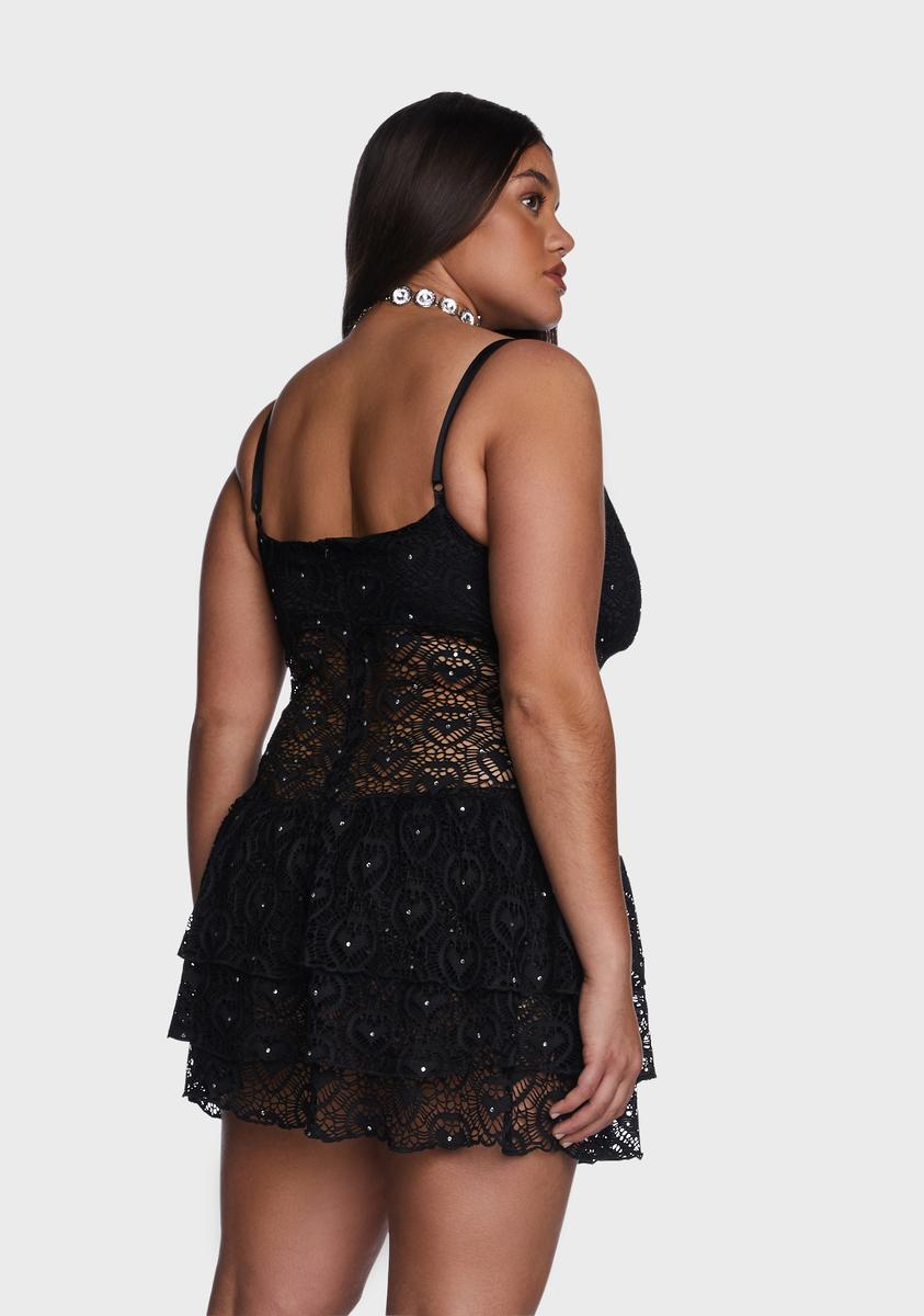 Club Exx Plus Size Sheer Lace Rhinestone Ruffle Mini Dress - Black  Dolls  Kill