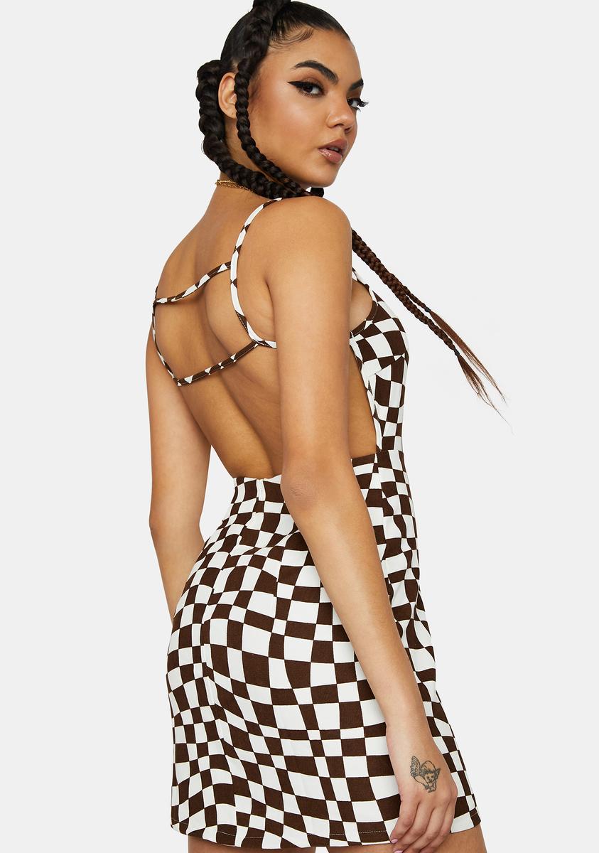 Swirl Checkered Print Open Back Mini Dress - Brown/White Dolls Kill Swirl Checkered Print Open Back Mini Dress - Brown/White Dolls Kill