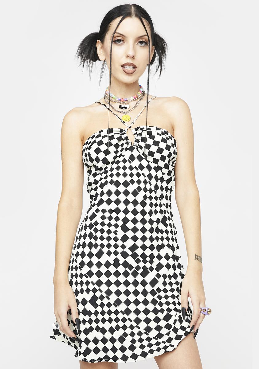 Checkered Strappy Halter Mini Dress - Black – Dolls Kill
