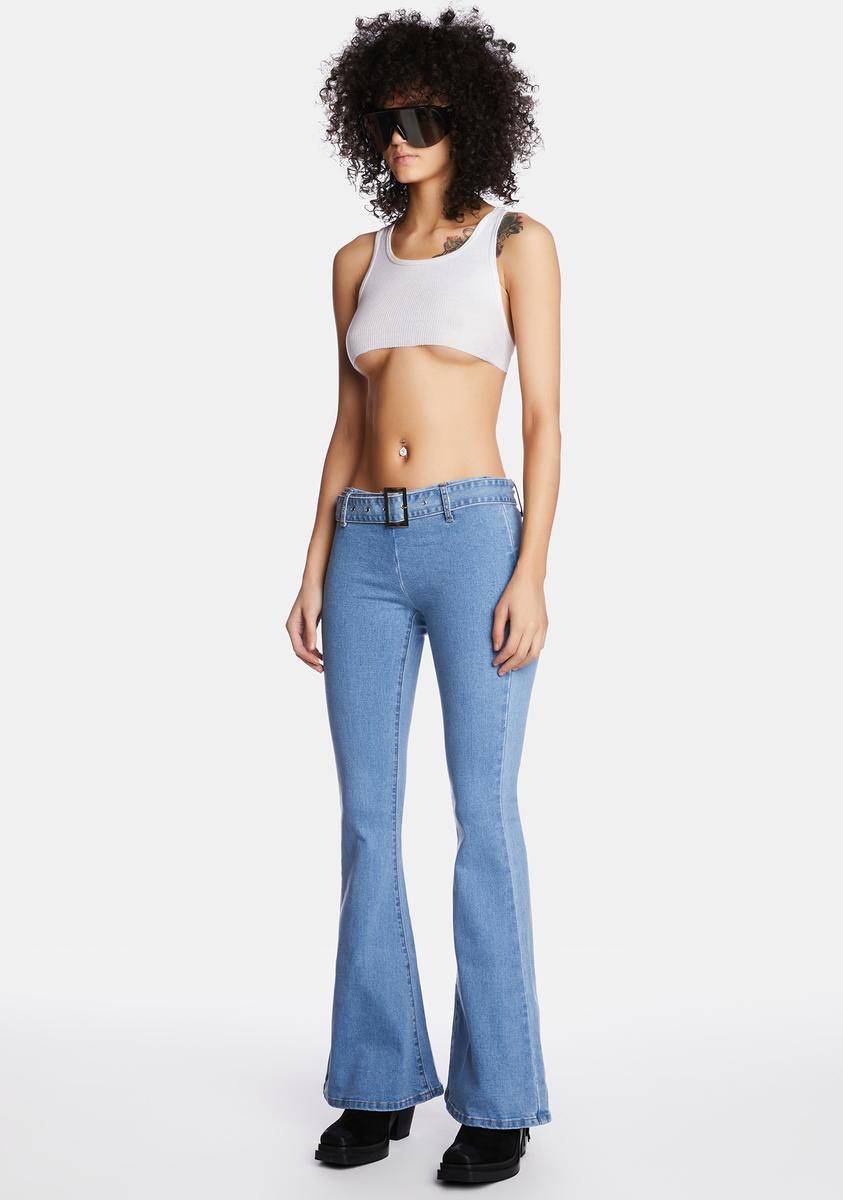 Momokrom Low Rise Belted Flared Jeans - Light Mid Blue Wash