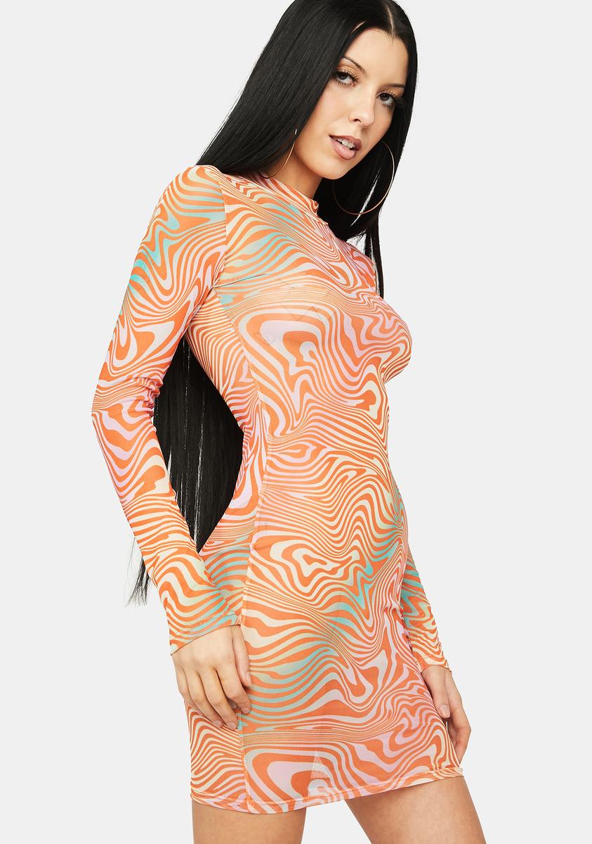trippy mesh dress Long Sleeve Mesh Trippy Swirl Print Dress