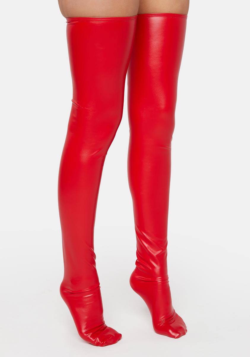 Vegan Leather Wet Look Thigh High Stockings Black Dolls Kill