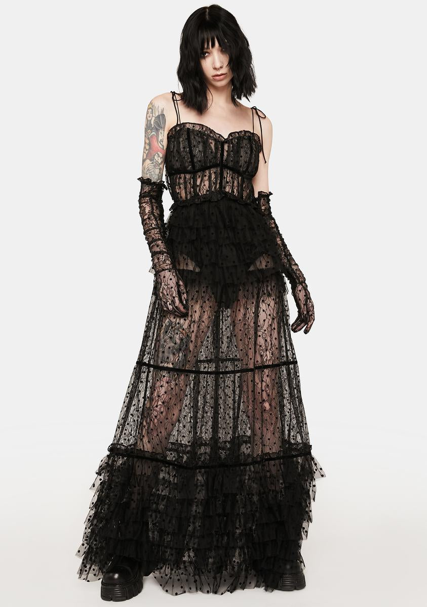For Love & Lemons Flocked Dot Lace Maxi Dress