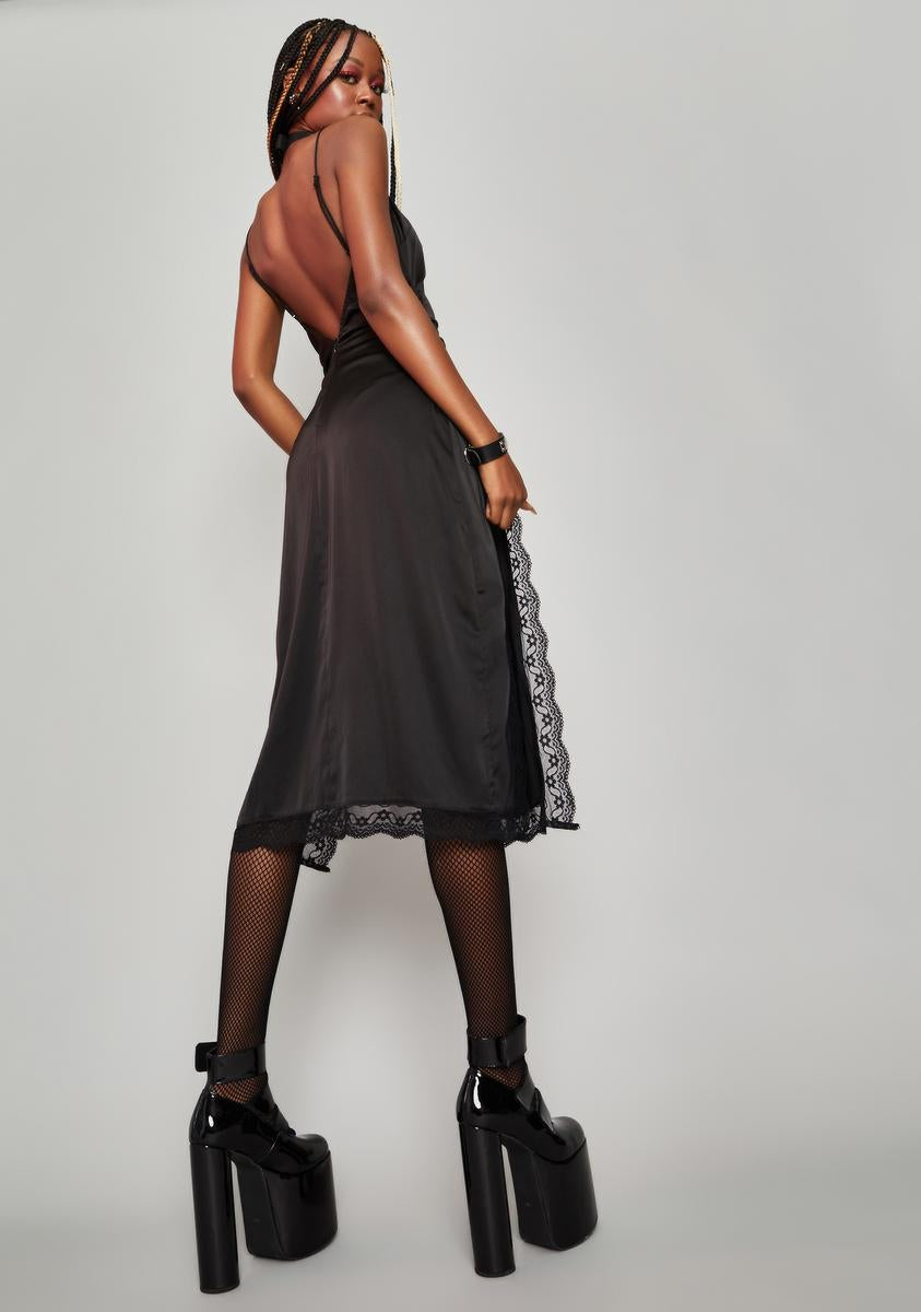 Horoscopez Satin High Slit Midi Dress - Black Dolls Kill Horoscopez Satin High Slit Midi Dress - Black Dolls Kill