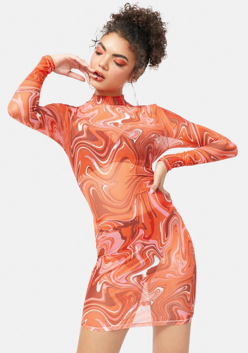 Swirl Print Mesh Bodycon Dress