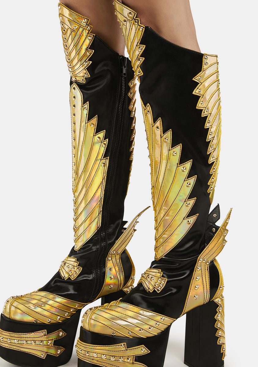 Club Exx Paneled Holographic Knee High Platform Boots - Gold/Black