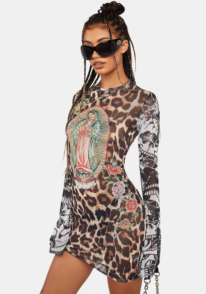 Ed Hardy x Dolls Kill Virgin Mary Leopard Print Mesh Mini Dress