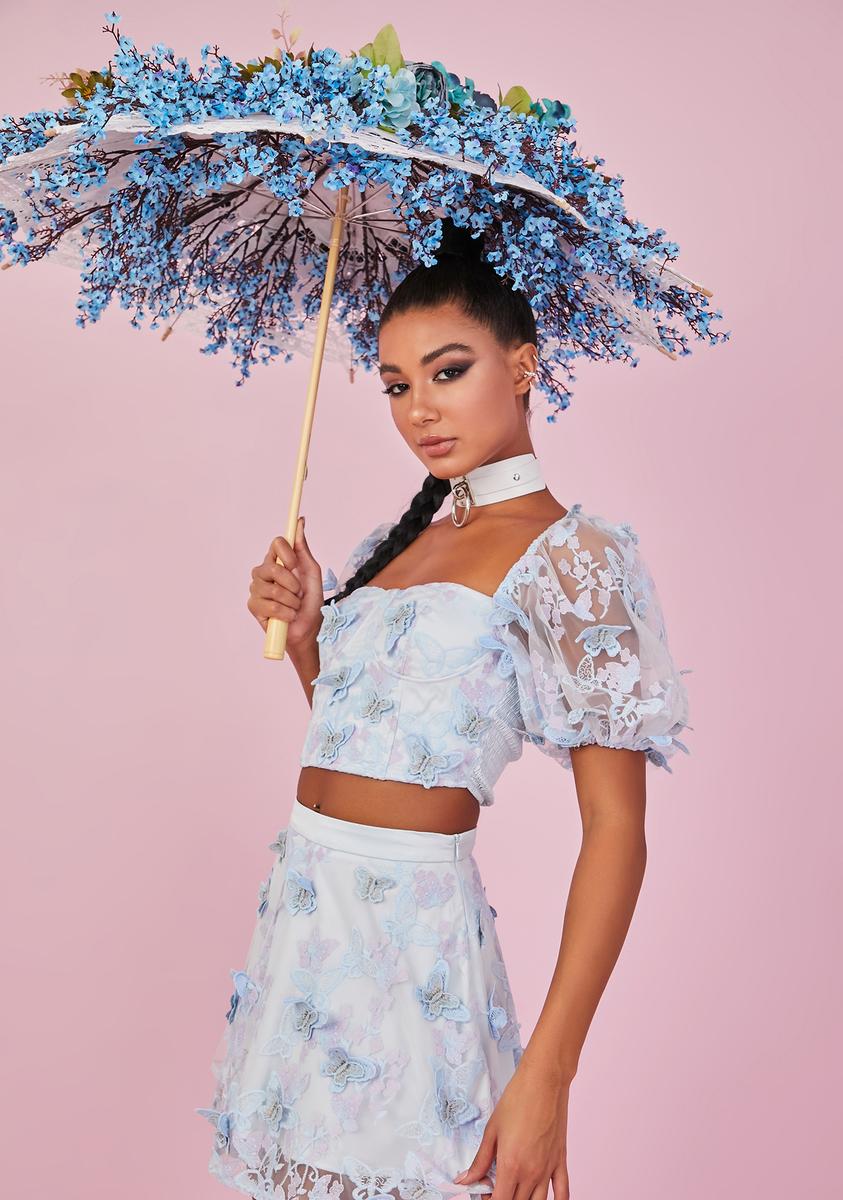 Sugar Thrillz Organza Butterfly Puff Sleeve Crop Top Sheer Blue Dolls Kill