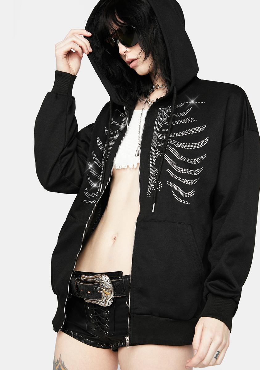 Black rhinestone zip hoodie Clearance
