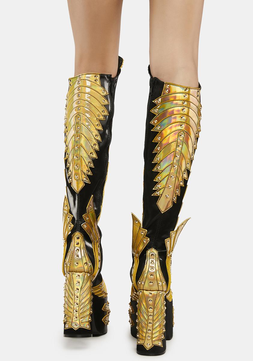 Club Exx Paneled Holographic Knee High Platform Boots - Gold