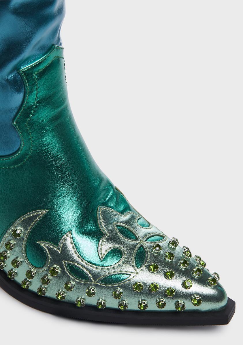 AZALEA WANG Metallic Rhinestone Cowboy Boots - Blue – Dolls Kill