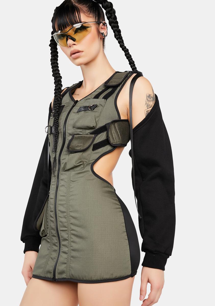 Namilia Cargo Pocket Mini Dress With Detachable Sleeves - Green/Black Dolls Kill Namilia Cargo Pocket Mini Dress With Detachable Sleeves - Green/Black Dolls Kill