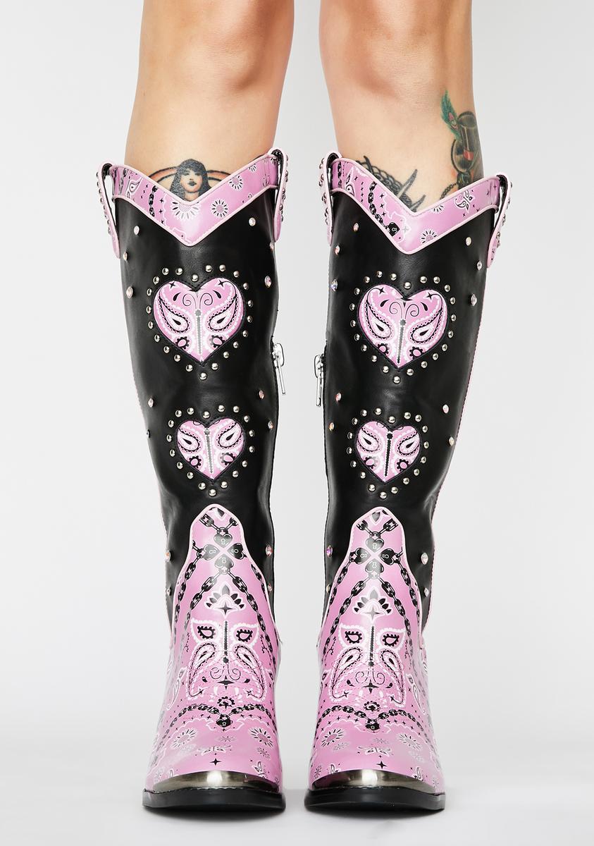 Sugar Thrillz Heart Cowboy Boots Faux Leather Black Bandana