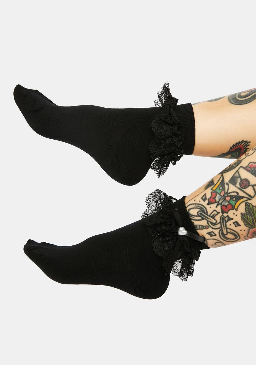 Crew Socks With Sheer Ruffles And Ribbon - Black – Dolls Kill