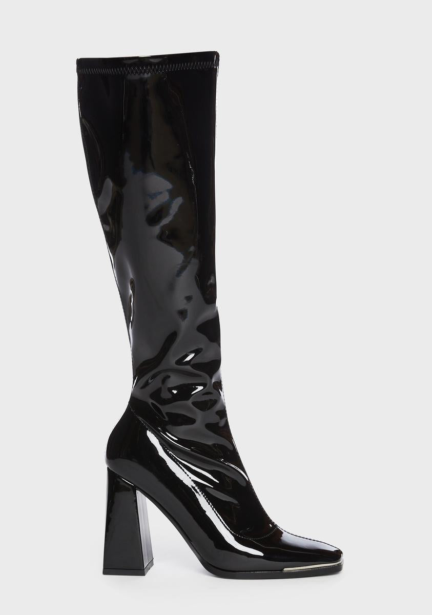 AZALEA WANG PVC Knee High Metal Detail Zip Up Boots - Black – Dolls Kill