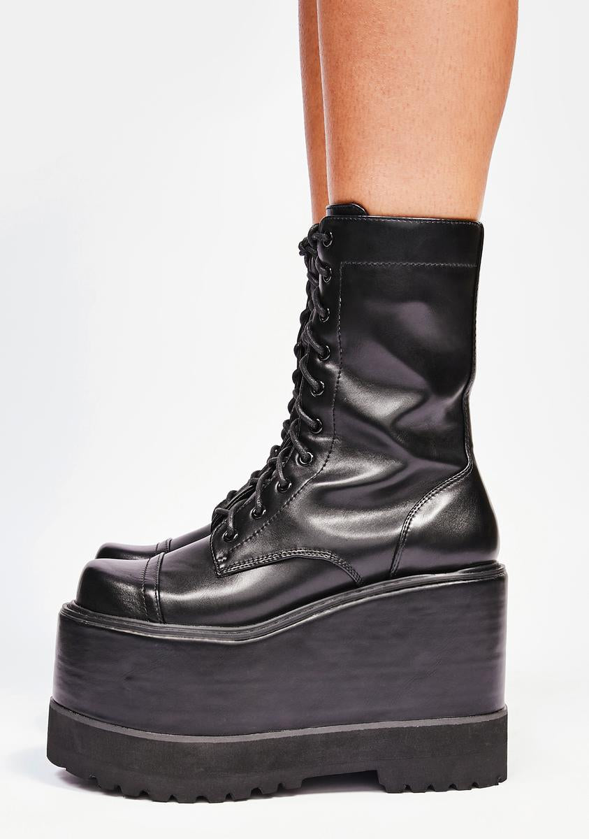 Lemon Drop by Privileged Wedge Platform Combat Boots - Black