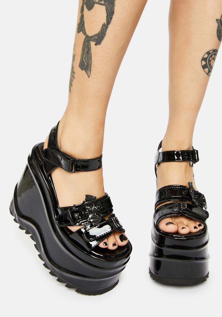 Demonia Wave 13 Patent Platform Sandals With Bat Buckles - Black ...
