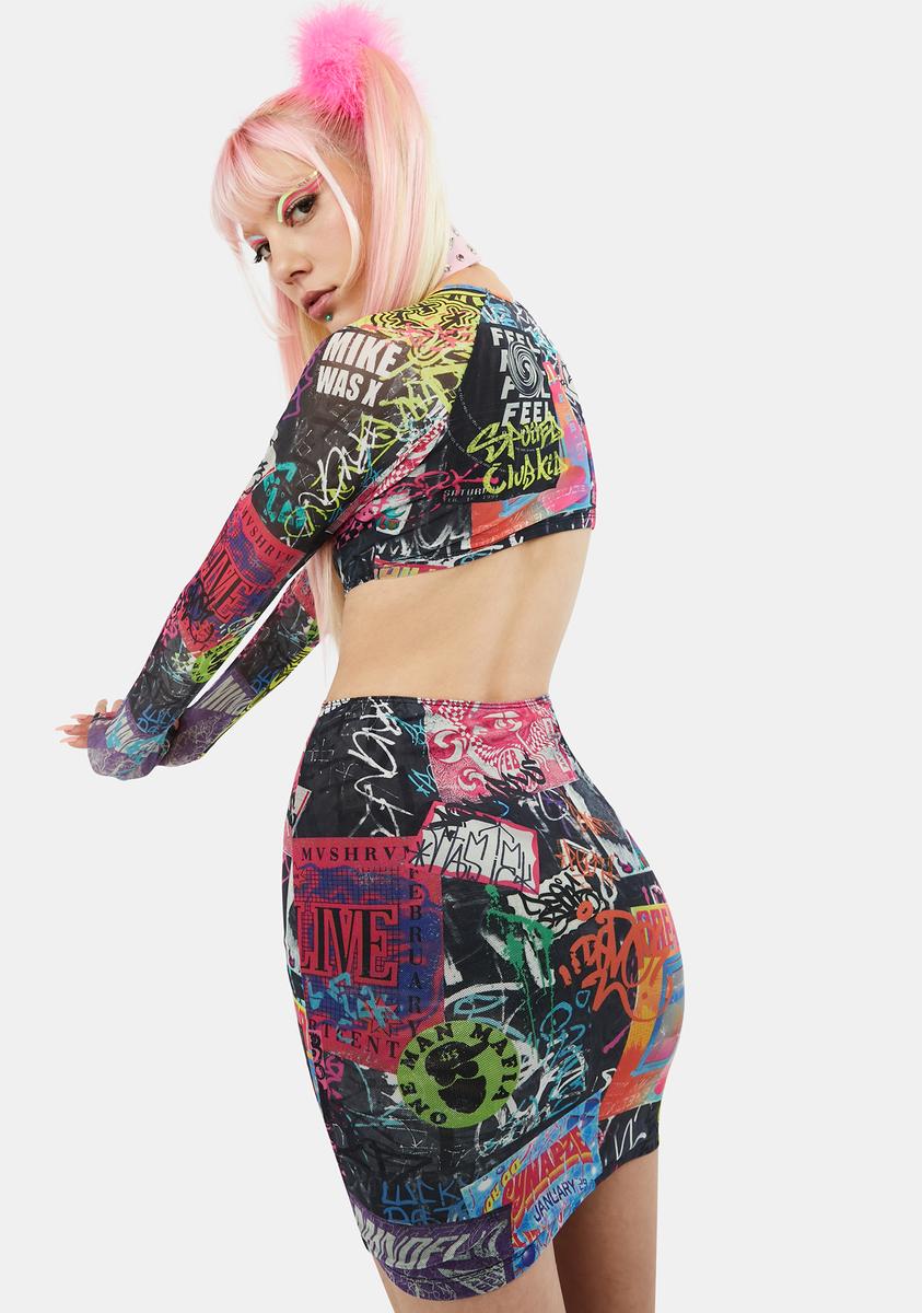graffiti mesh dress Horoscopez Graffiti Print Cut Out Mesh Dress