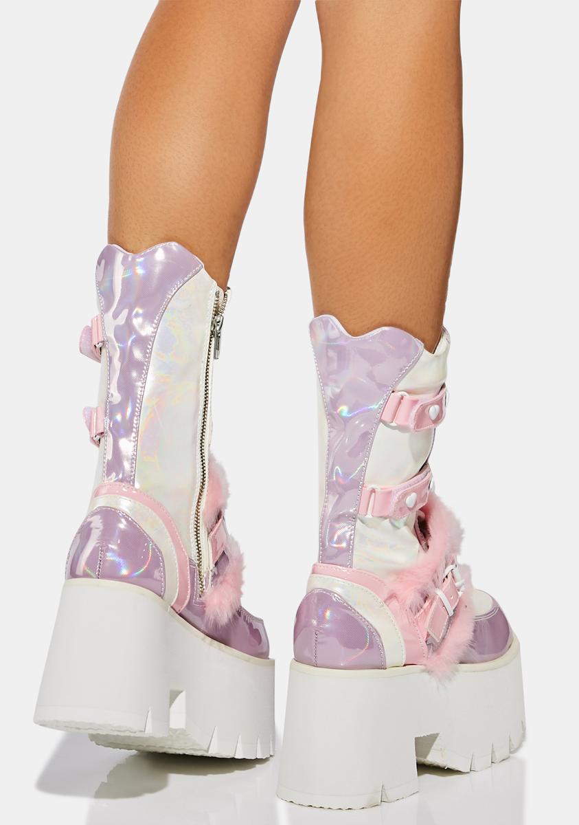 Demonia Ashes-120 Pink Holographic Lavender Platform Boots - White