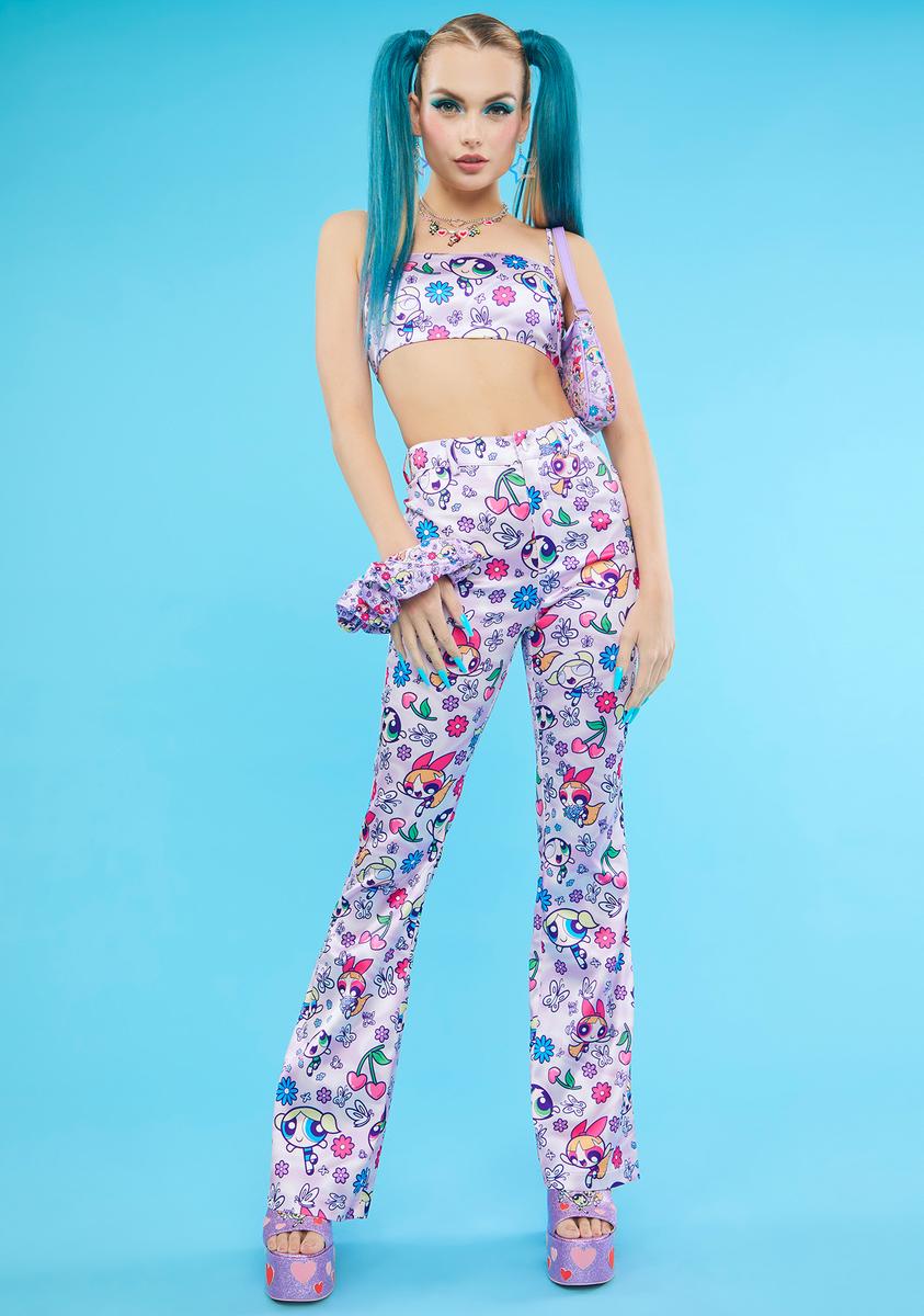 Dolls Kill x Powerpuff Girls All Over Flower Print Satin Flare Pants