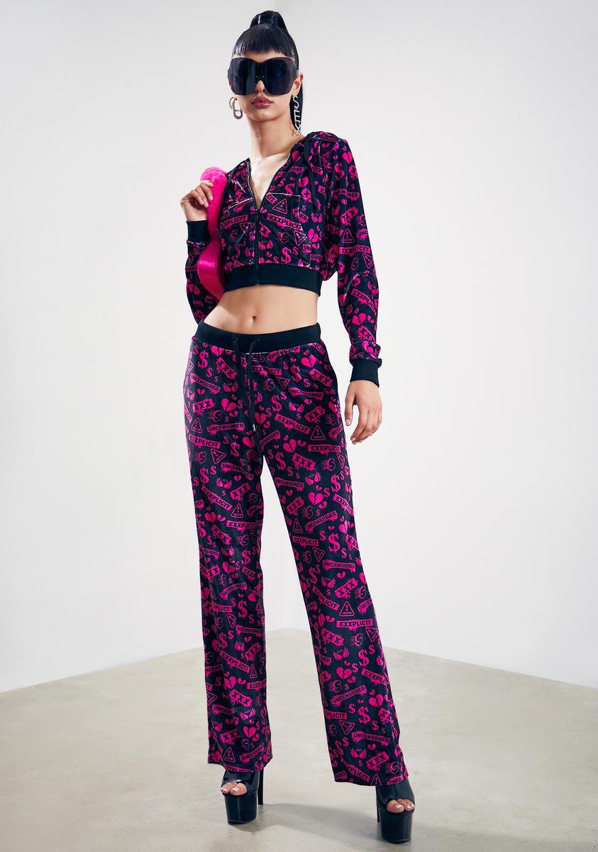 Club Exx Explicit Print Velour Track Pants - Black/Pink Club Exx Explicit Print Velour Track Pants - Black/Pink