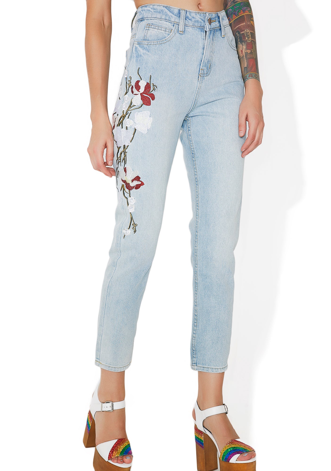 Floral Embroidered Light Blue Denim Jeans – Dolls Kill