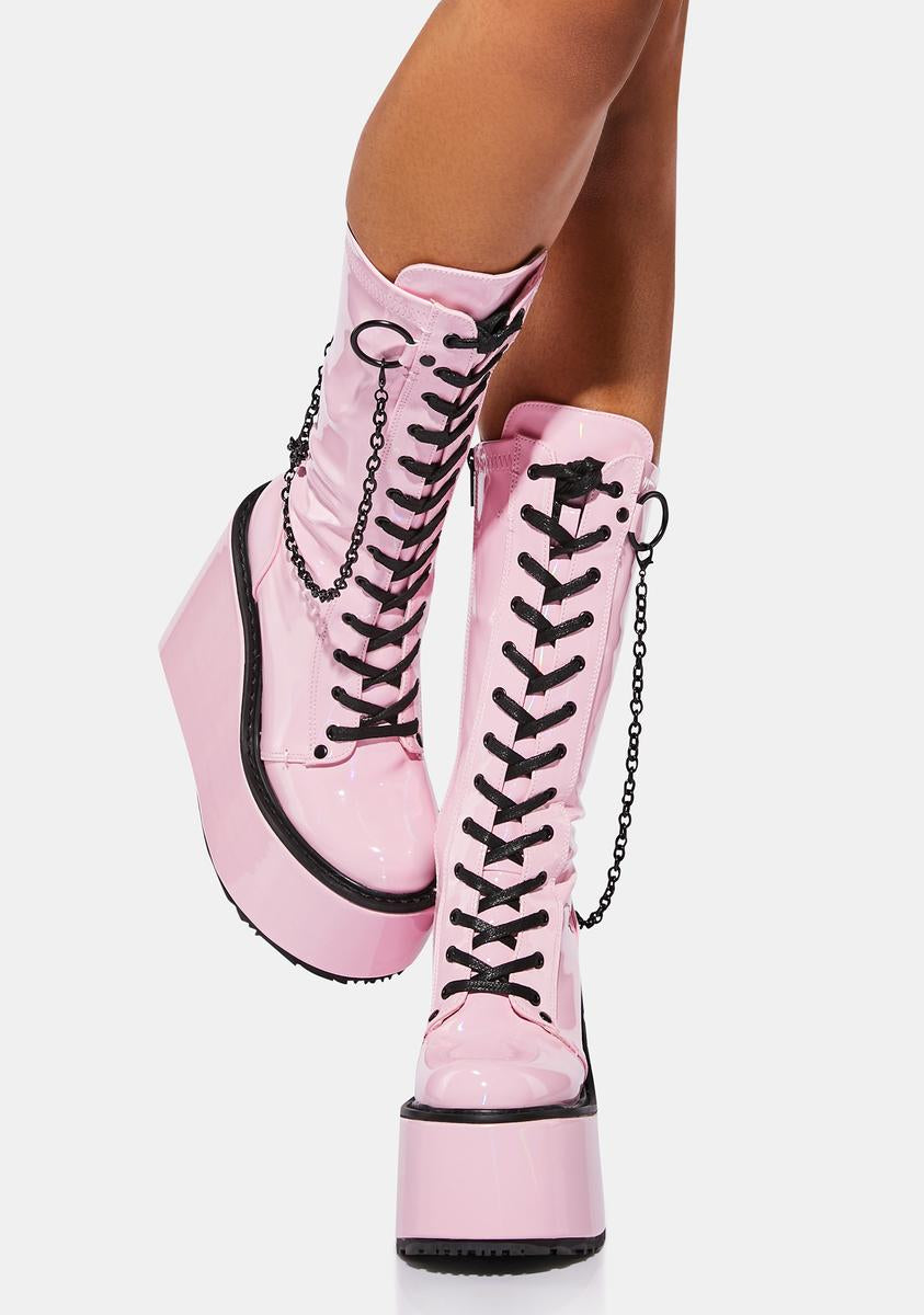 Demonia Swing-150 Calf High Chain Platform Boots - Pink Holographic ...