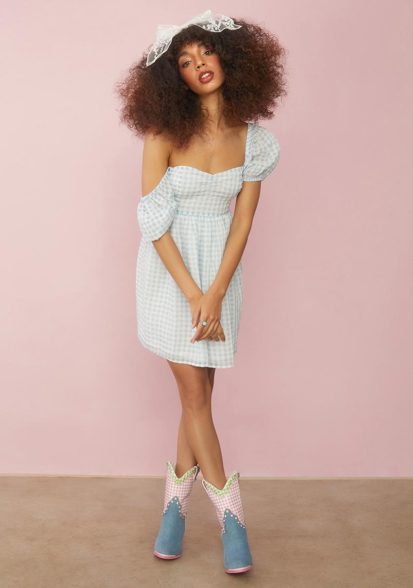 Sugar Thrillz Gingham Puff Sleeve Babydoll Dress - Baby Blue  Dolls Kill