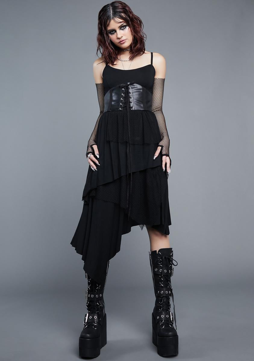 Widow Fishnet Ruffled Belted Midi Dress - Black – Dolls Kill