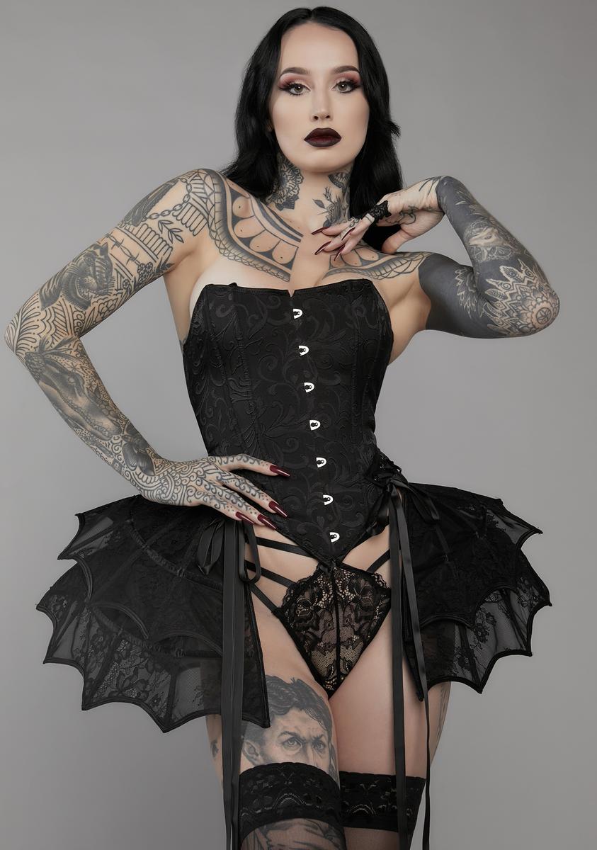 Unholy Brocade Corset And Lace Panty Cage Lingerie Set - Black – Dolls Kill