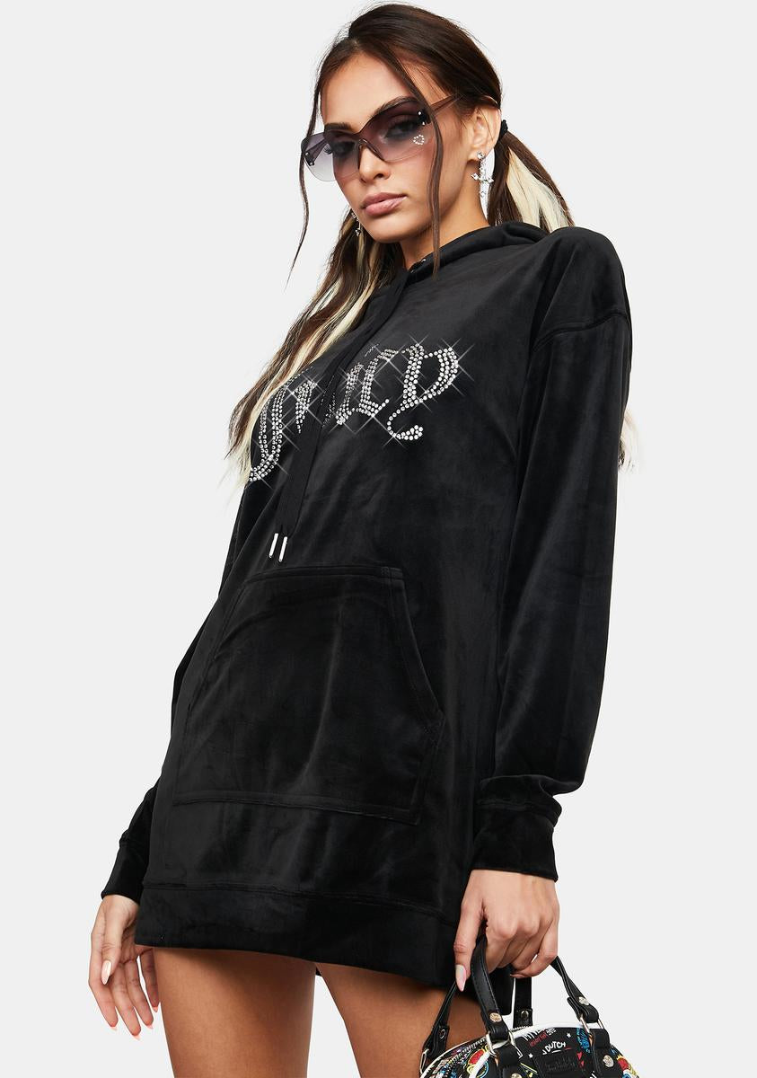 Juicy Couture Rhinestone Logo Velour Hoodie Dress Black Dolls Kill