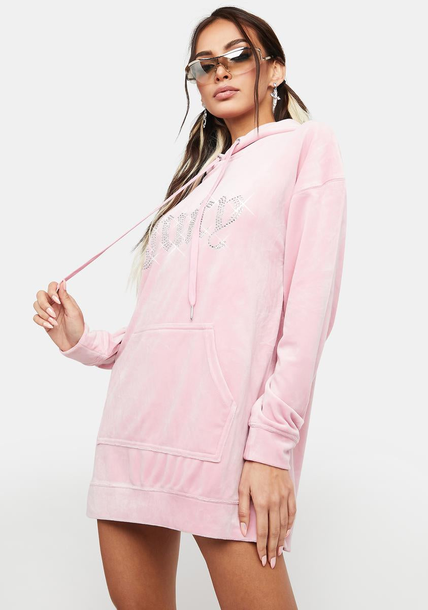 Juicy Couture Rhinestone Logo Velour Hoodie Dress Light Pink Dolls Kill