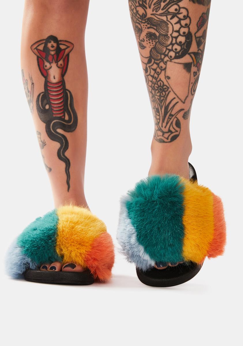 Fluffy Slides Stripes Fluffy Slides - Rainbow – Dolls Kill