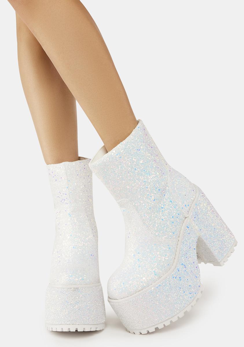 YRU Iridescent Glitter Heeled Platform Boots White Dolls Kill