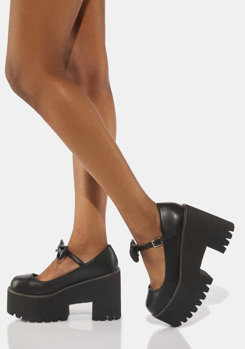 Treaded Platform Heel Bow Mary Janes - Black – Dolls Kill