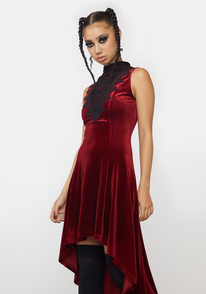 dolls kill red velvet dress Current Mood Velour Embroidered Trim Mini Dress