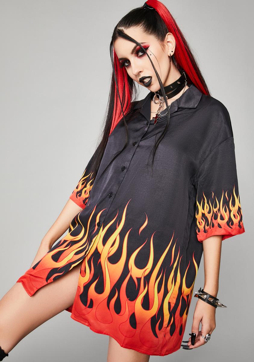 Widow Flame Oversized Button Up Shirt - Black