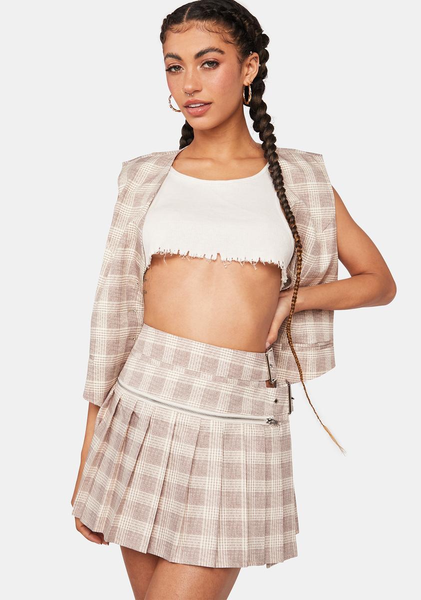 Lioness Pleated Plaid Mini Skirt - Beige – Dolls Kill
