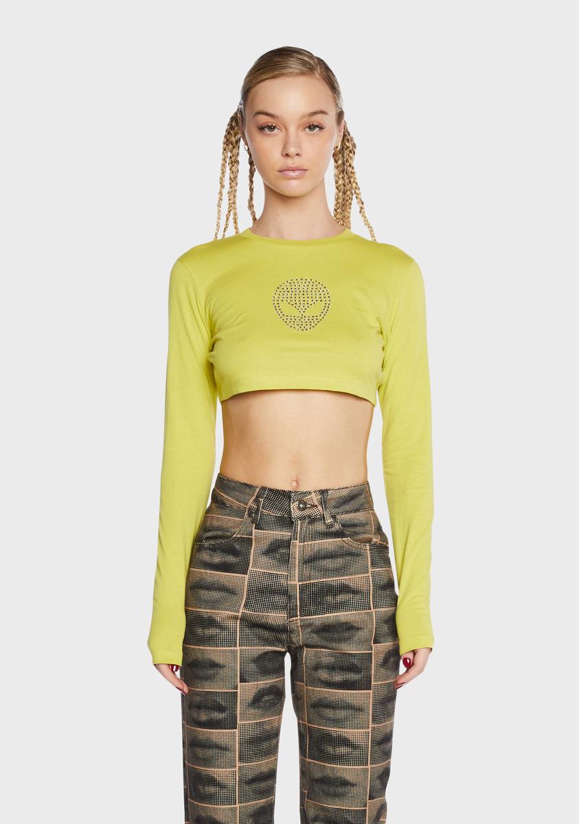The Ragged Priest Alien Rhinestone Cropped Long Sleeve Top - Green/Lime ...