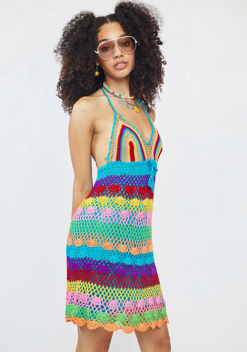 Multicolor Striped Halter Crochet Mini Dress – Dolls Kill