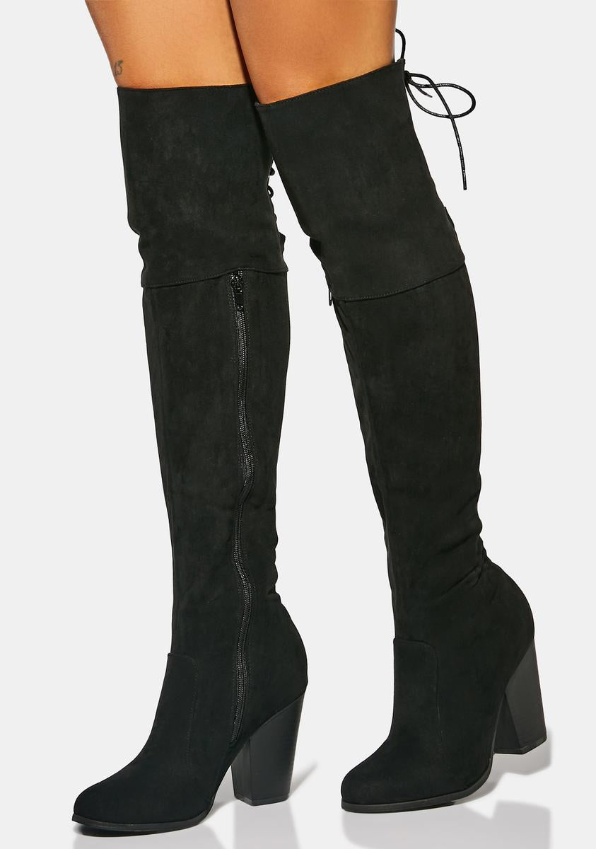 Faux Suede Over The Knee Boots With Lace-Up Back - Black – Dolls Kill