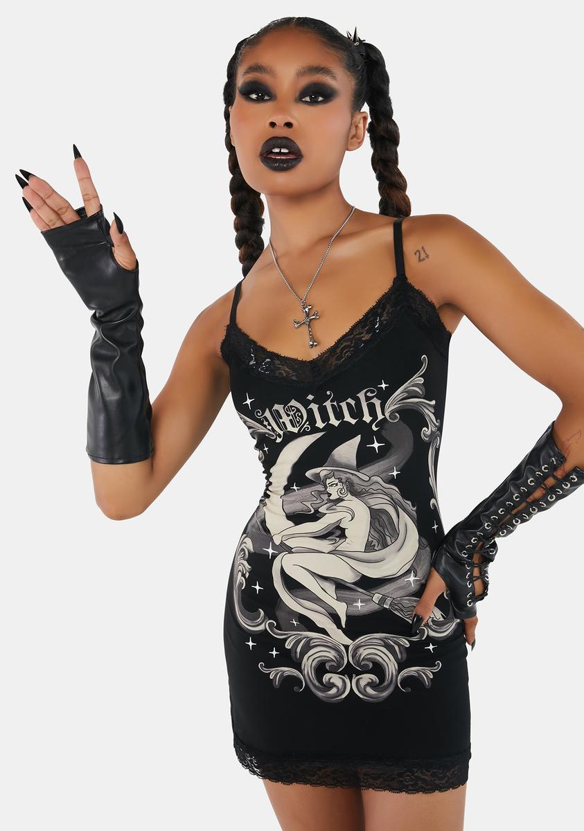 Trickz N' Treatz Witch Graphic Lace Trim Mini Dress - Black – Dolls Kill