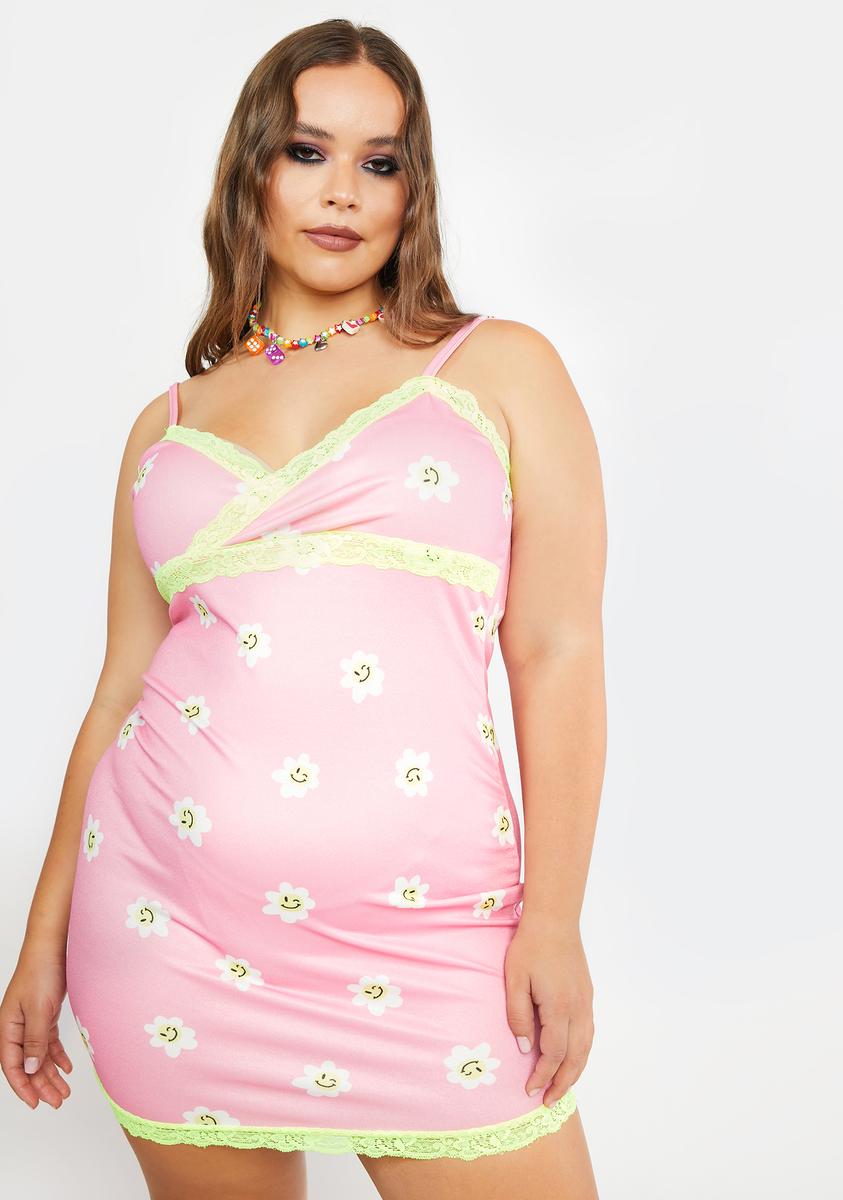 Plus Flower Smiley Lace Trim Dress