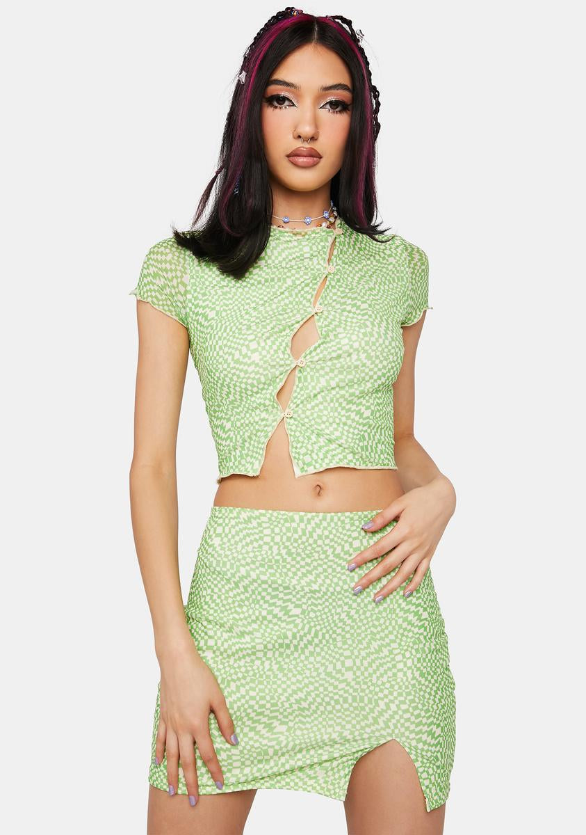 Abstract Checkered Asymmetrical Button Up Skirt Set - Green – Dolls Kill