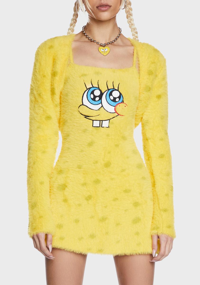 Dolls Kill x SpongeBob Fuzzy Knit Embroidered Mini Dress And Shrug Set