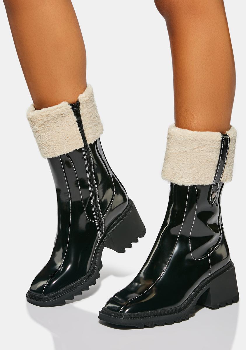 AZALEA WANG Patent Vegan Leather Sherpa Cuff Ankle Boots – Dolls Kill