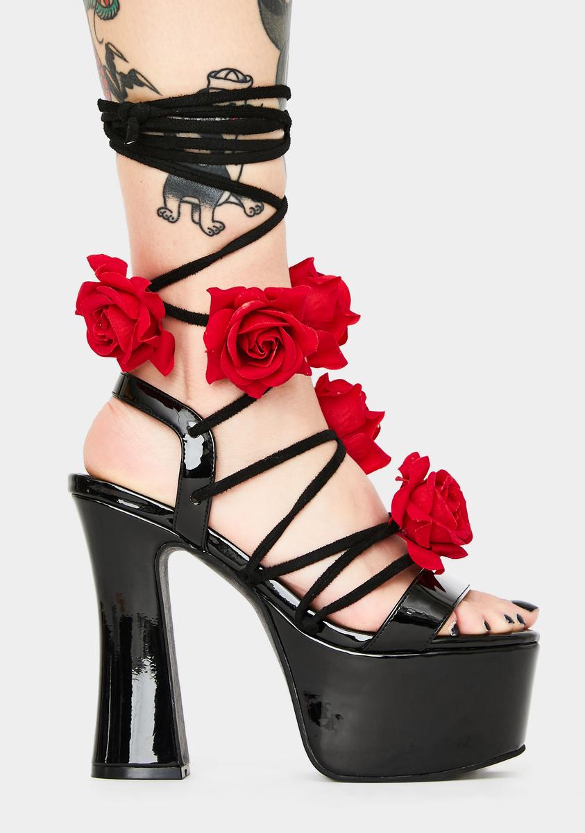 Sugar Thrillz 3D Rose Platform Lace Up Wrap Heels Black Red